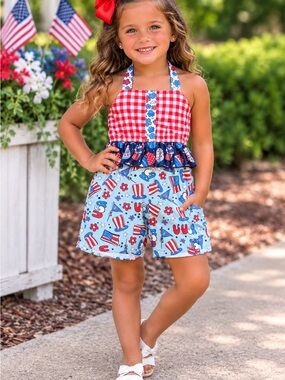 Girls Red & Light Blue Patriotic Halter Romper with Ruffle Waist